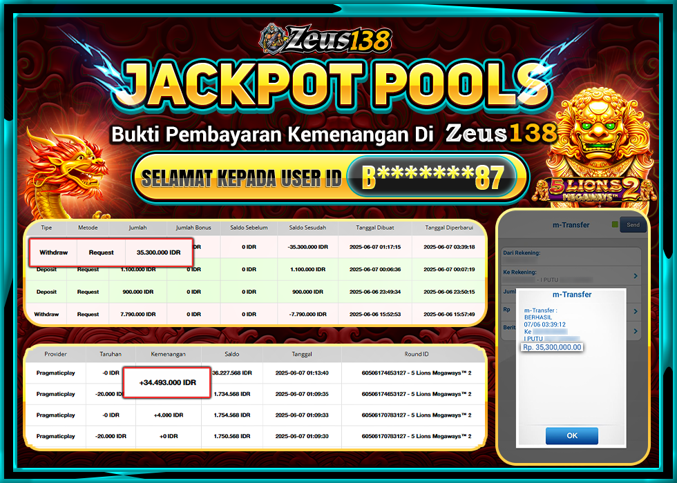 ZEUS138 5 LIONS MEGAWAYS 2  Rp.35.300.000,- LUNAS