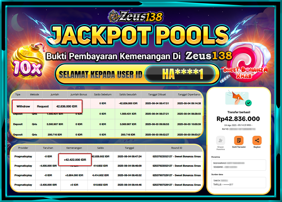 ZEUS138 SWEET BONANZA XMAS 1000 Rp.42.836.000,- LUNAS