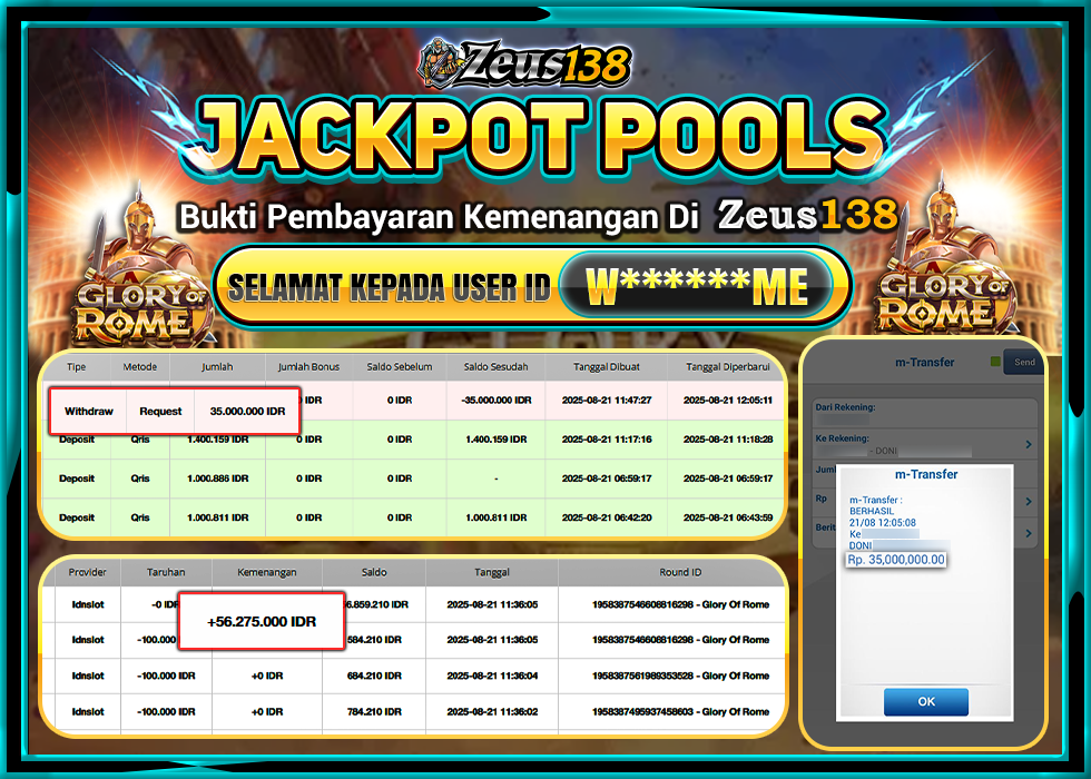 ZEUS138 GLORY OF ROME  Rp 35.000.000 LUNAS