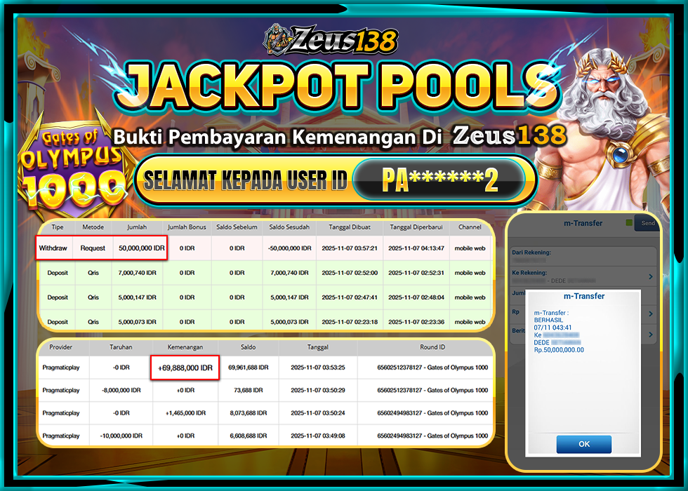 ZEUS138 GATES OF OLYMPUS 1000 Rp 50.000.000 LUNAS 
